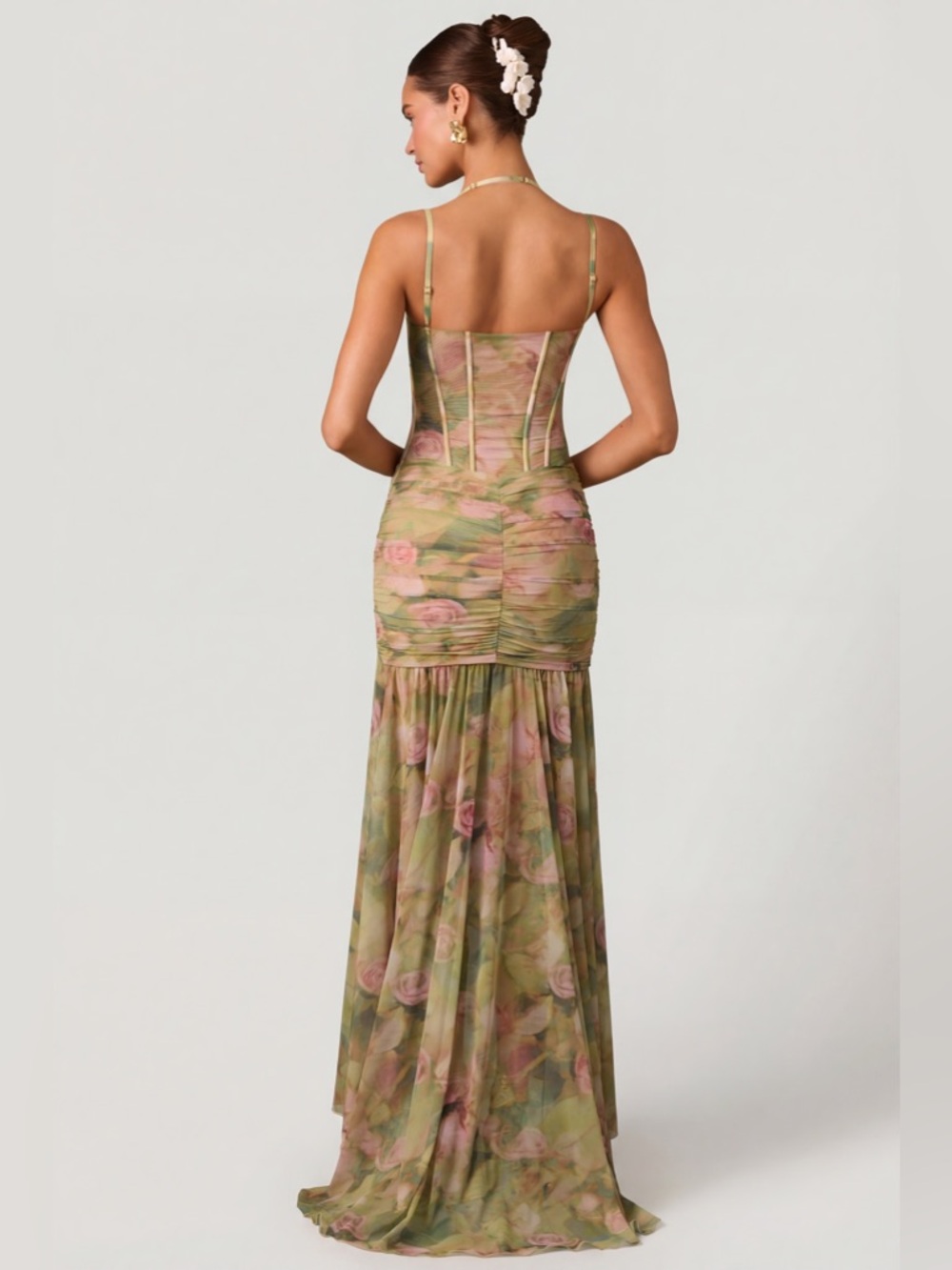 Oh Polly Haruna Ruched Asymmetric Corset Gown in Floral Multi Print - Picture 2 of 8